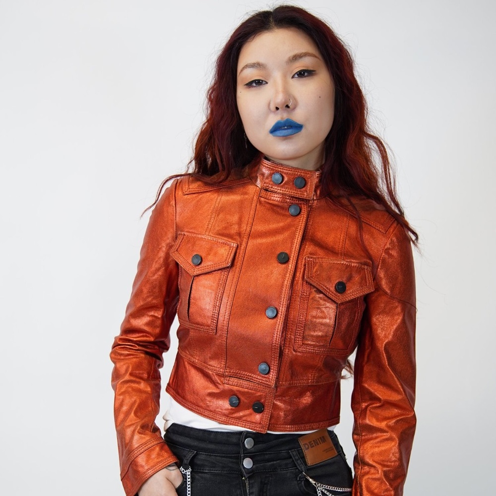 Burberry London Metallic Burnt Orange Copper Cropped Goat Leather Jacket - Picture 2 of 11